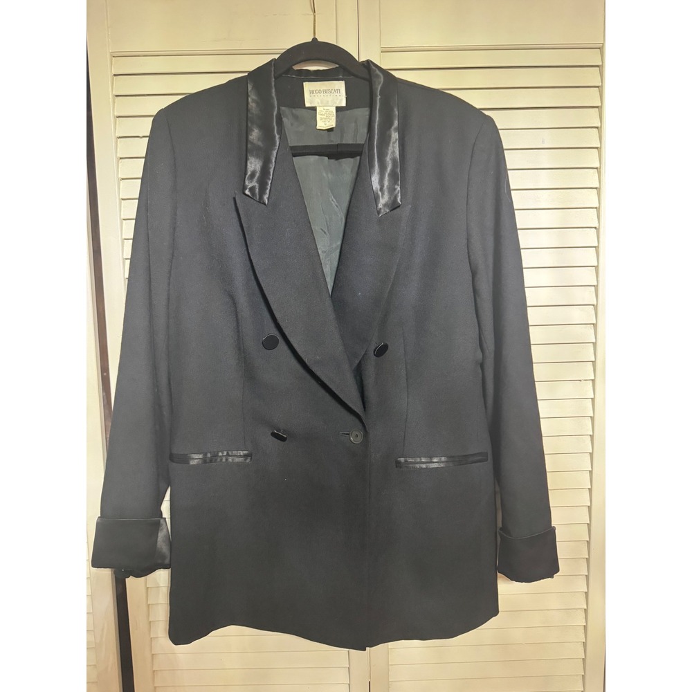 Hugo Buscati Collection Womens 100% Wool Tuxedo Blazer Black Satin Trim Size 16